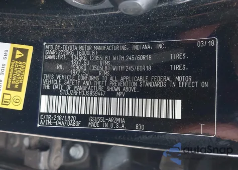2018 Toyota Highlander Xle from USA, damaged, VIN 5TDJZRFH3JS859447